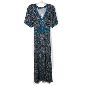 LOFT Paisley Print V-Neck Belted Midi Dress in Black/Blue/Yellow